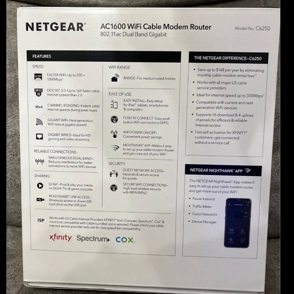 netgear AC1600 WiFi Cable Modem Router - Black - Picture 2 of 7